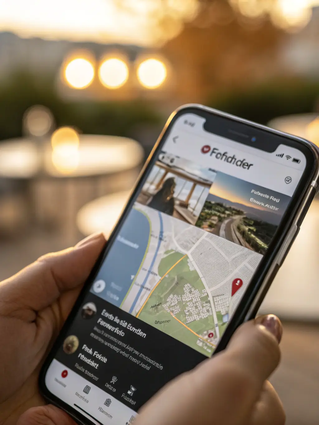 Illustration of the SpotMeApp interface on a smartphone, showcasing a map with several user icons scattered within a 200-meter radius, representing nearby users.
