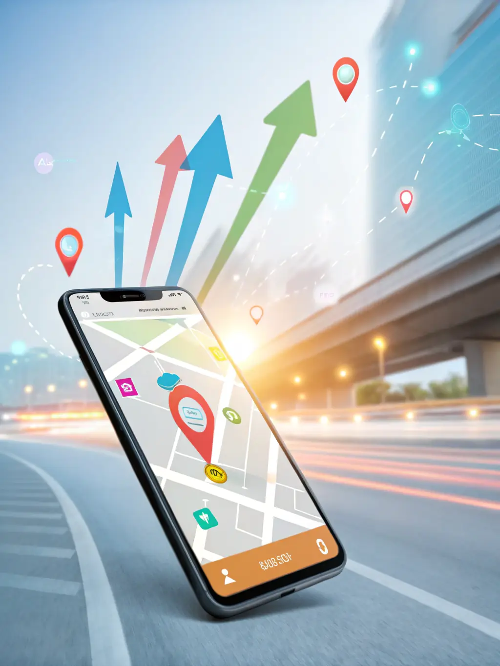 Illustration of a smartphone displaying the SpotMeApp interface, with a GPS icon radiating outward, symbolizing the app actively sharing the user's location.