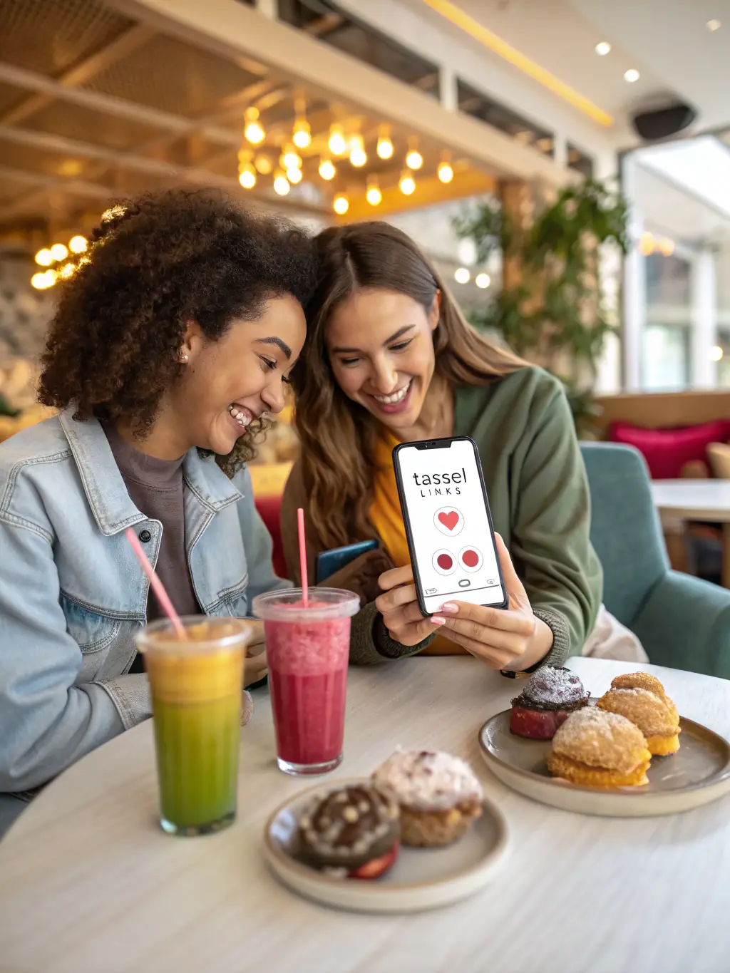 Two friends smiling and looking at their phones while sitting at a coffee shop, using SpotMeApp to discover other nearby users.