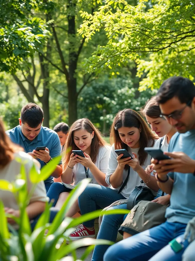 A dynamic image of people at a local park, using SpotMeApp to find others interested in similar outdoor activities and events.