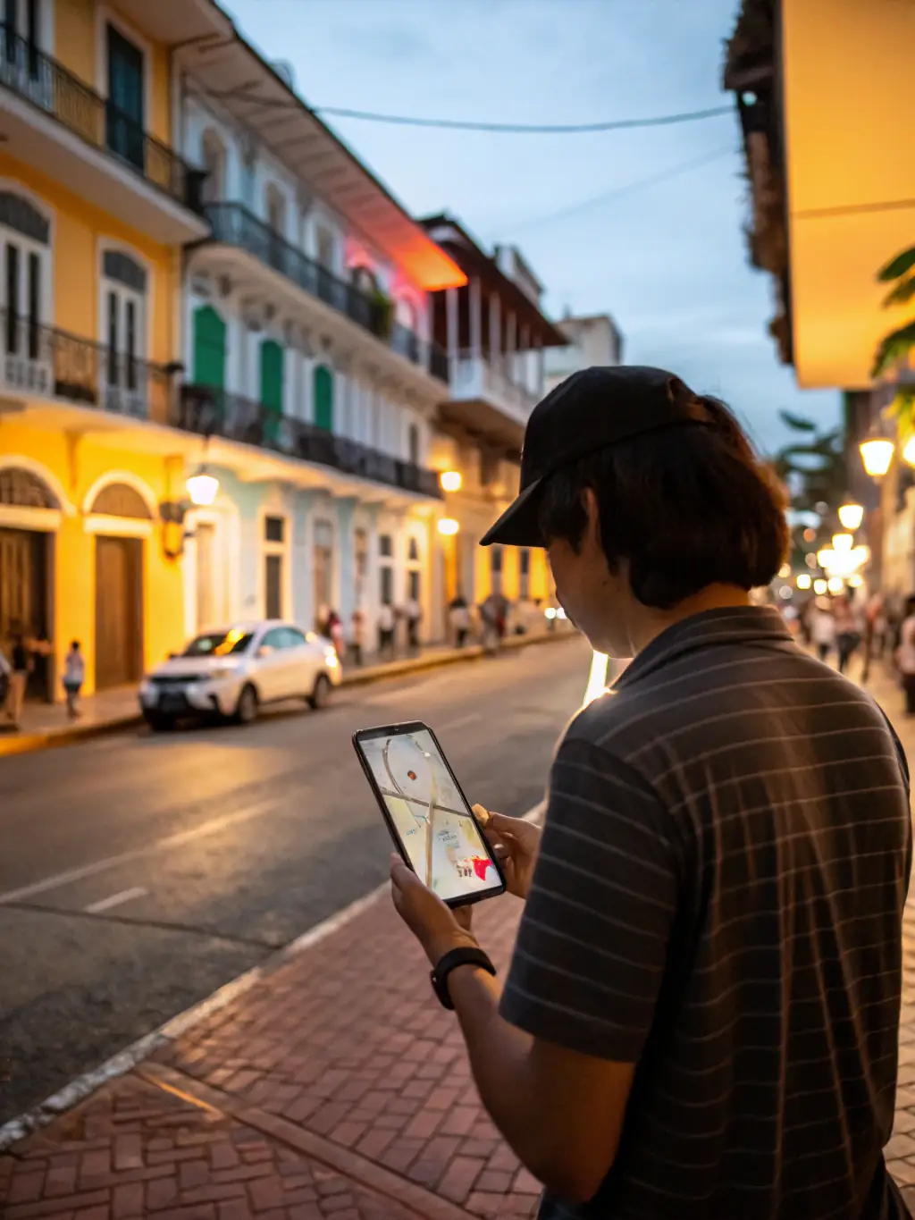 A person walking down a city street, using SpotMeApp to find other users nearby, highlighting the app's location-based discovery feature.