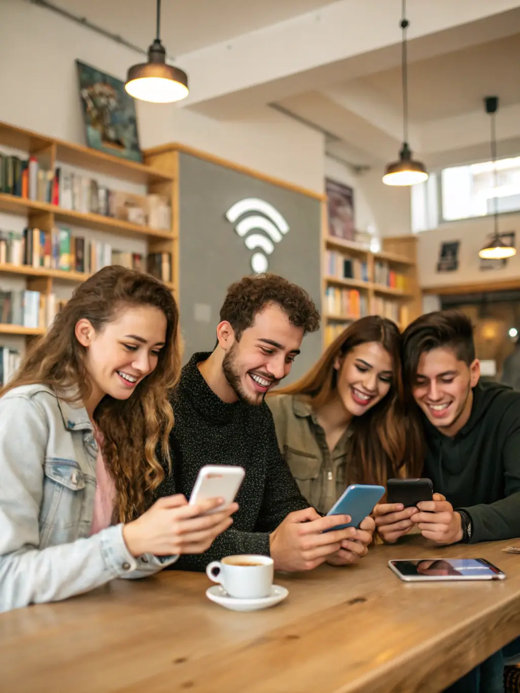 A vibrant image of people laughing and connecting at a local coffee shop, using their phones to access SpotMeApp, showcasing the ease of finding nearby connections.